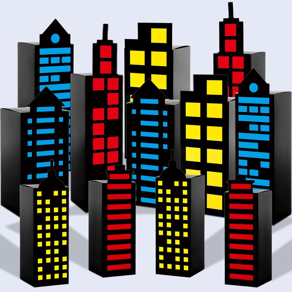 12Pcs Skyscraper City Party Favor Boxes for Super Themed Hero Party Decorations City Skyline Buildings Treat Boxes Super Themed Hero Party Candy Goodies Boxes for Boys Girls Birthday Party Supplies