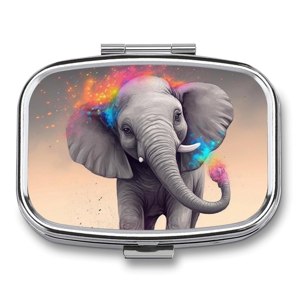Pill Box with Mirror Animal Cartoon Elephant Pill Case 2 Compartment Personal Pill Organizers for Pocket Purse Portable Travel Pillbox Medicine Planner for Vitamin Fish Oil