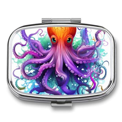 Pill Box with Mirror Colorful Octopus Pill Case 2 Compartment Personal Pill Organizers for Pocket Purse Portable Travel Pillbox Medicine Planner for Vitamin Fish Oil