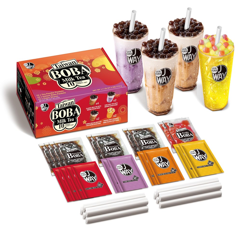 J WAY Instant Boba Bubble Pearl Variety Milk Tea Fruity Tea Kit with Authentic Brown Sugar Caramel Fruity Tapioca Boba, Ready in Under One Minute, Paper Straws Included - Gift Box - 10 Servings