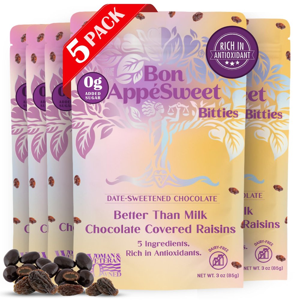 Bon Appesweet Date Sweetened Chocolate Covered Raisins - Better Than Milk Chocolate Covered | 3 Ounce (Pack of 5) | Zero Added Sugar, 54% Cacao, Plant Based, Dairy Free, and Guilt Free!
