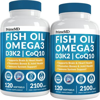 5-in-1 Fish Oil Omega 3 Supplements (2100mg) - Fish Oil with Vitamins D3 & K2 and CoQ10 - EPA DHA Omega 3 Supplement - Lemon Flavored Fatty Acid Supplements, Pack of 2