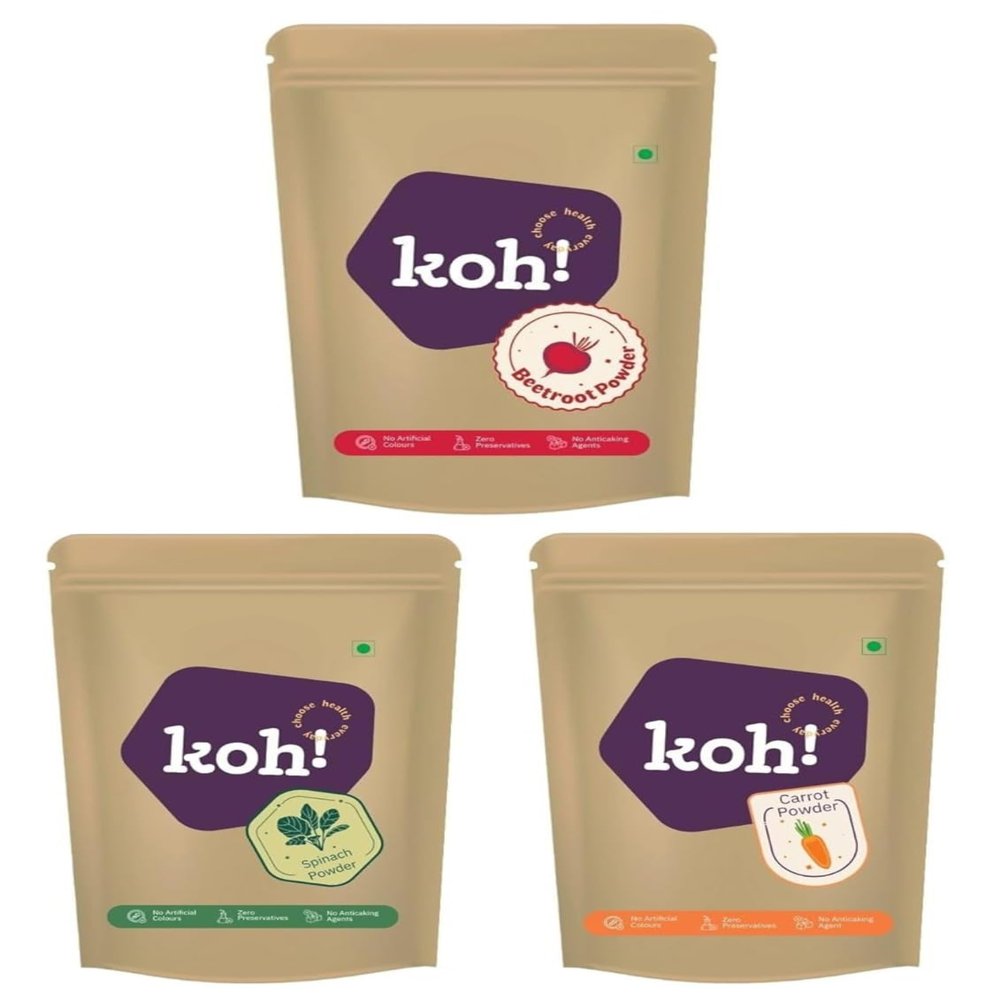 KOH Super Veggie Trio Combo Pack of 3 - Beetroot, Carrot & Spinach Powder | Pure & Natural Superfoods for Cooking, Smoothies & Skincare | Rich in Vitamins, Protein, Fiber | No Additives
