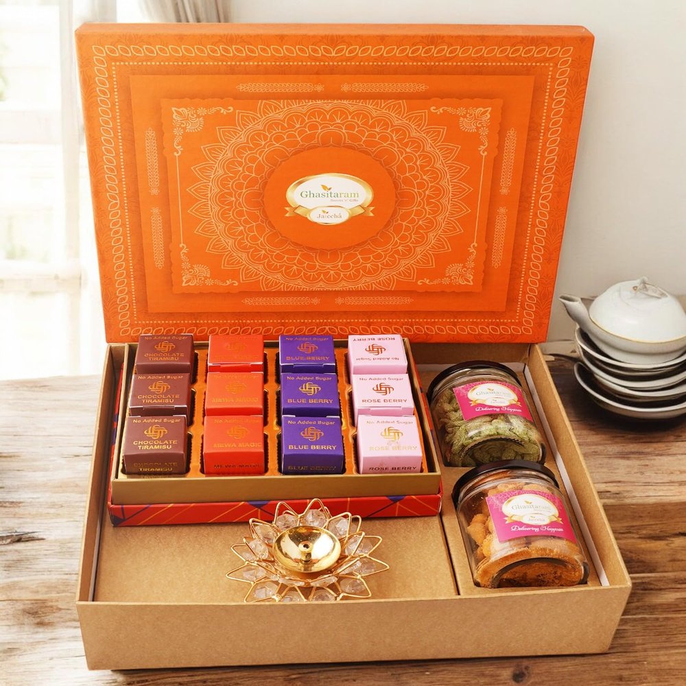 Ghasitaram Gifts Jaiccha Orange Hamper box with sugarfree bites, crunchy cashew, Flavour raisins, & diya|Gift for Diwali,Holi,Valentine,Birthday,Anniversary,Gift for Her,Him,Mothers Day,Fathers Day|