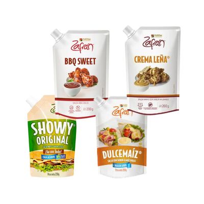 Zafran Salsa Showy 200gr, Salsa BBQ Sweet 200gr, Salsa Dulce Maiz 200gr, Salsa Crema Lea 200gr (4 Pack) Honey BBQ sauce, Colombian showy sauce, Zafran sweet corn sauce, Zafran firewood cream sauce