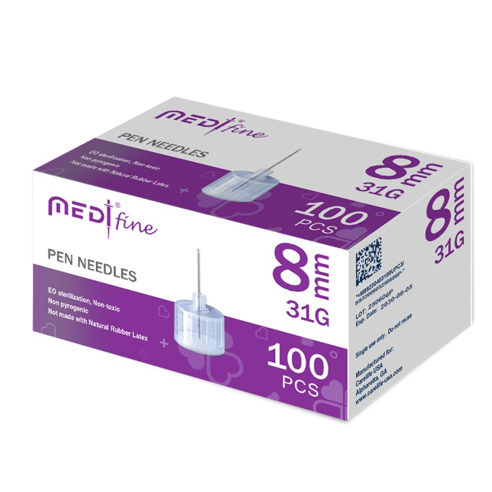 Medt Fine Insulin Pen Needles 31G 8mm - Ultra-Fine, Diabetic Pen Needles Designed for Comfort, Universal Fit for Most Pen-Style Devices, Sterile Single-Use Pen Tips, 100 Count (Pack of 1)