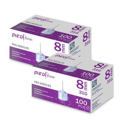 Medt - Fine Insulin Pen Needles (31G 8 mm), Diabetic Needles for Insulin Injections, Ultra Fine Compatible with Most Diabetes Pens - 100 Ct, Pack of 2