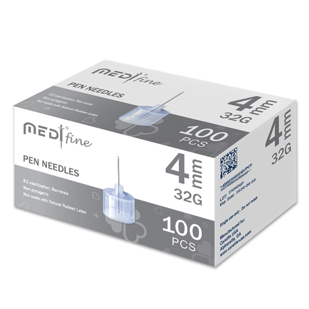 Medt Fine Insulin Pen Needles 32G 4mm - Ultra-Fine, Diabetic Pen Needles Designed for Comfort, Universal Fit for Most Pen-Style Devices, Sterile Single-Use Pen Tips, 100 Count (Pack of 1)