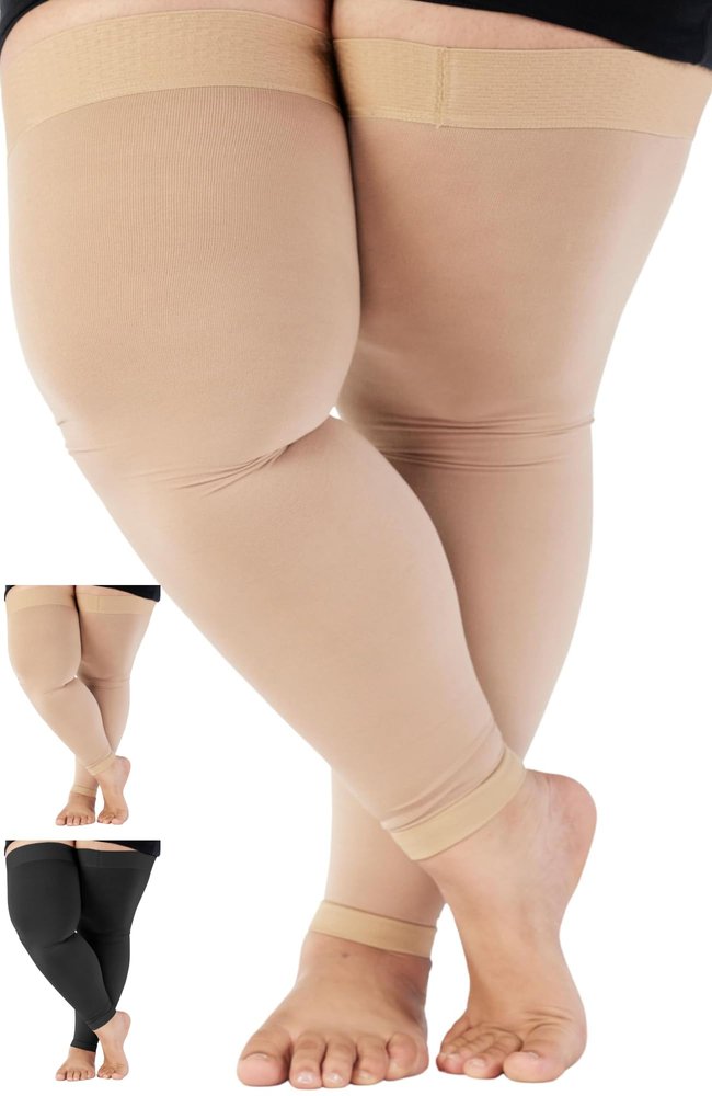 ABSOLUTE SUPPORT 7XL Extra Large Compression Thigh High Socks for Women and Men 20-30mmHg - Wide Unisex Over the Knee Footless Compression Stockings for Pregnancy, Nursing, Airplane - Beige, 7X-Large
