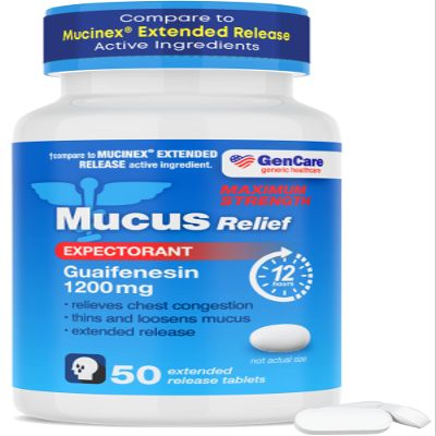 GenCare - Mucus Relief Guaifenesin Maximum Strength 1200mg (50 Tablets) Extended Release Expectorant for Chest Congestion & Cough - Thins Mucus for 12 Hours