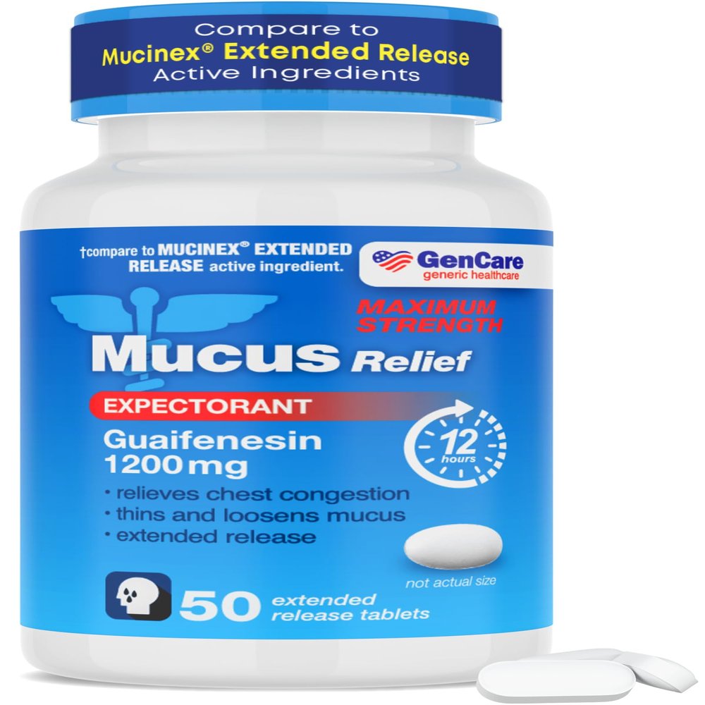 GenCare - Mucus Relief Guaifenesin Maximum Strength 1200mg (50 Tablets) Extended Release Expectorant for Chest Congestion & Cough - Thins Mucus for 12 Hours
