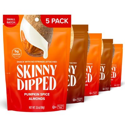 SkinnyDipped Maple Kiss and Pumpkin Spice Almonds Variety Pack Bundle, Healthy Snack, Plant Protein, Gluten Free, 3.5 oz Resealable Bags, Pack of 5, Limited Edition
