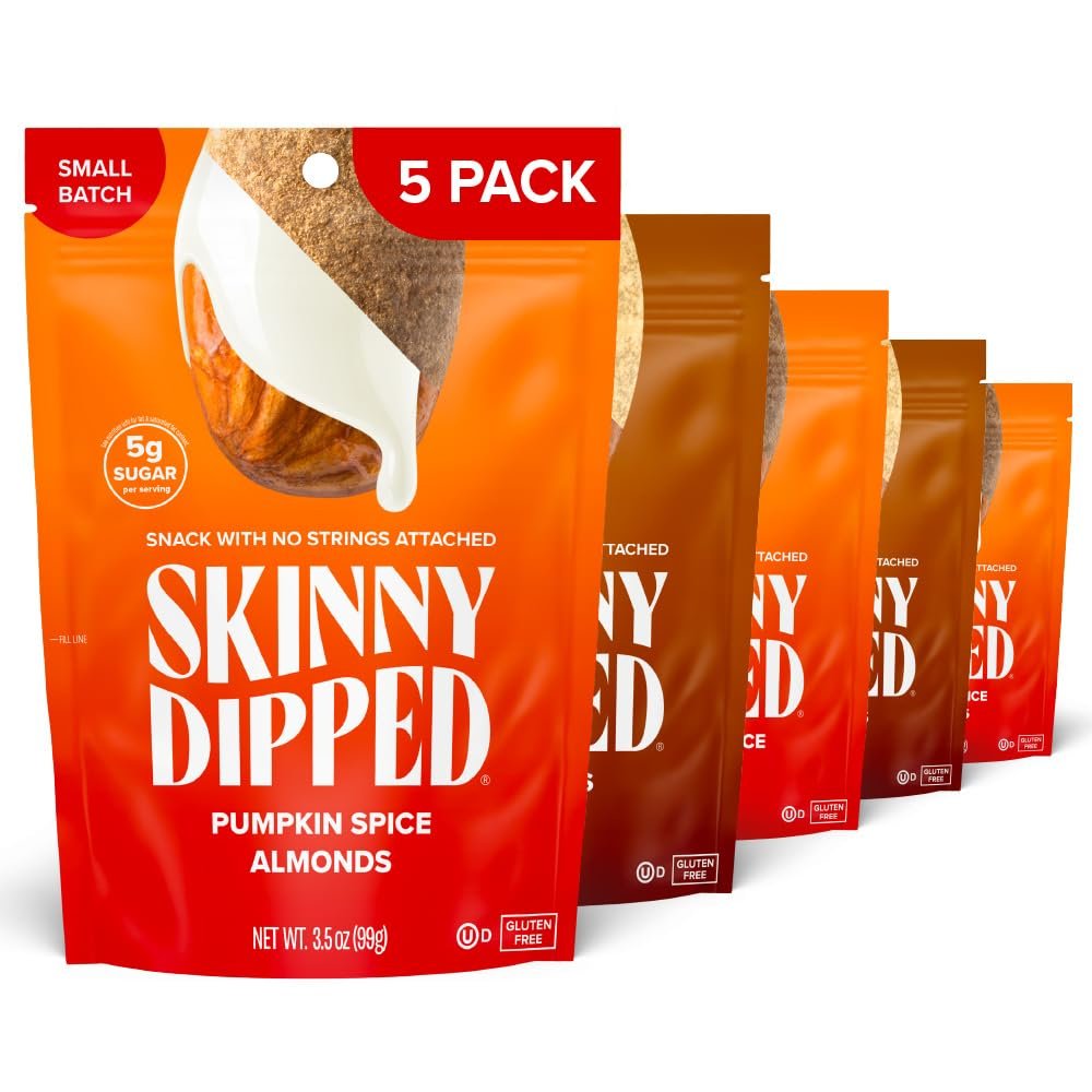 SkinnyDipped Maple Kiss and Pumpkin Spice Almonds Variety Pack Bundle, Healthy Snack, Plant Protein, Gluten Free, 3.5 oz Resealable Bags, Pack of 5, Limited Edition
