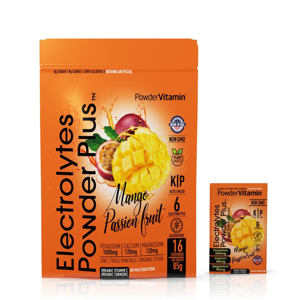 PowderVitamin Electrolytes Powder Plus, Keto, Mango Passionfruit, Sugar Free, Pink Himalayan Salt, 1000mg Potassium, 120mg Calcium, 120mg Magnesium, Non-GMO, Zero Calories, (16 Hydration Packets)