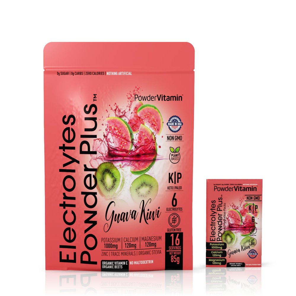 PowderVitamin Electrolytes Powder Plus, Keto, Guava Kiwi, Sugar Free, Pink Himalayan Salt, 1000mg Potassium, 120mg Calcium, 120mg Magnesium, Non-GMO, Zero Calories, (16 Hydration Packets)