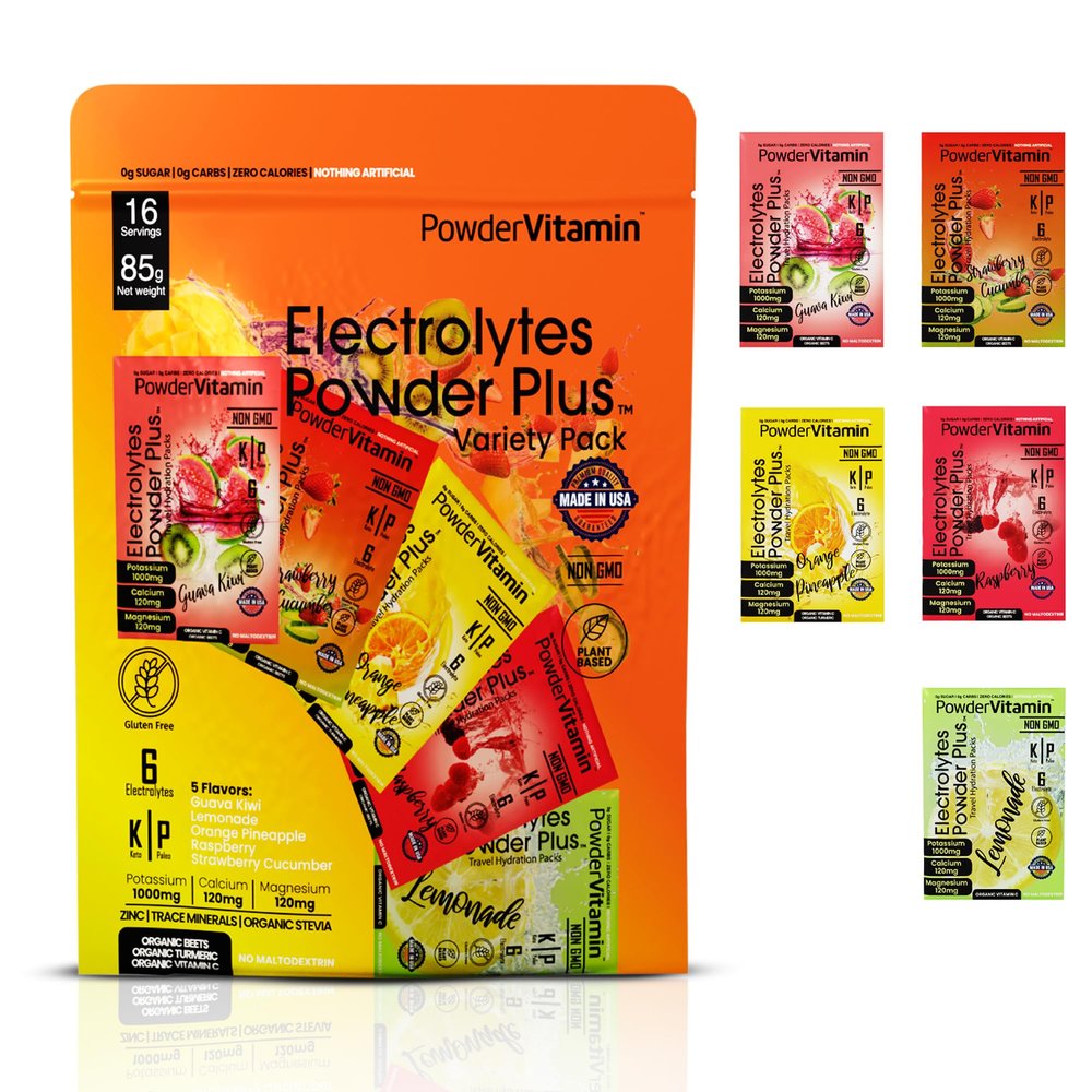 PowderVitamin Electrolytes Powder Plus, Keto, Variety Pack A, Sugar Free, Pink Himalayan Salt, 1000mg Potassium, 120mg Calcium, 120mg Magnesium, Non-GMO, Zero Calories, (16 Hydration Packets)