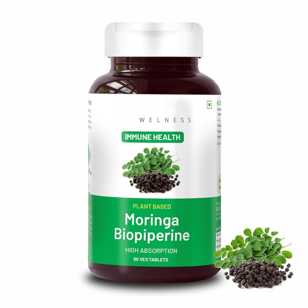 Moringa Biopiperine 1000 Mg Superfood, Pure Moringa Fruit&Leaves Extract&Biopiperine, Immunity Booster, Antioxidant Supplement - 60 Vegetarian Tablets