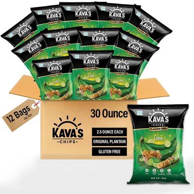 Kava's Plantain Chips Lime 2.5 Ounce (Pack of 12) - Lime Plantain Chips Individual Bags, Vegan & Gluten Free Lime Chips | Banana Plantain Chips Delicious & Healthy Snacks - Plantain Chips Bulk