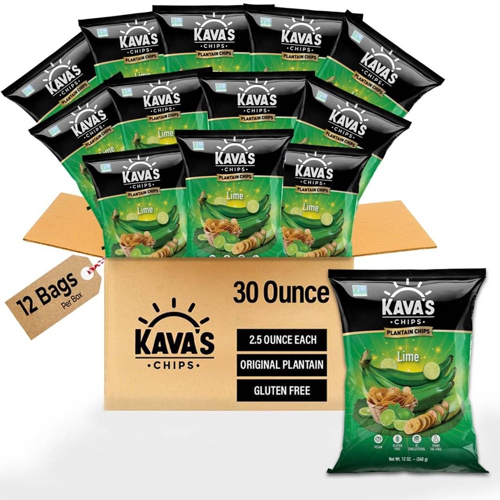 Kava's Plantain Chips Lime 2.5 Ounce (Pack of 12) - Lime Plantain Chips Individual Bags, Vegan & Gluten Free Lime Chips | Banana Plantain Chips Delicious & Healthy Snacks - Plantain Chips Bulk
