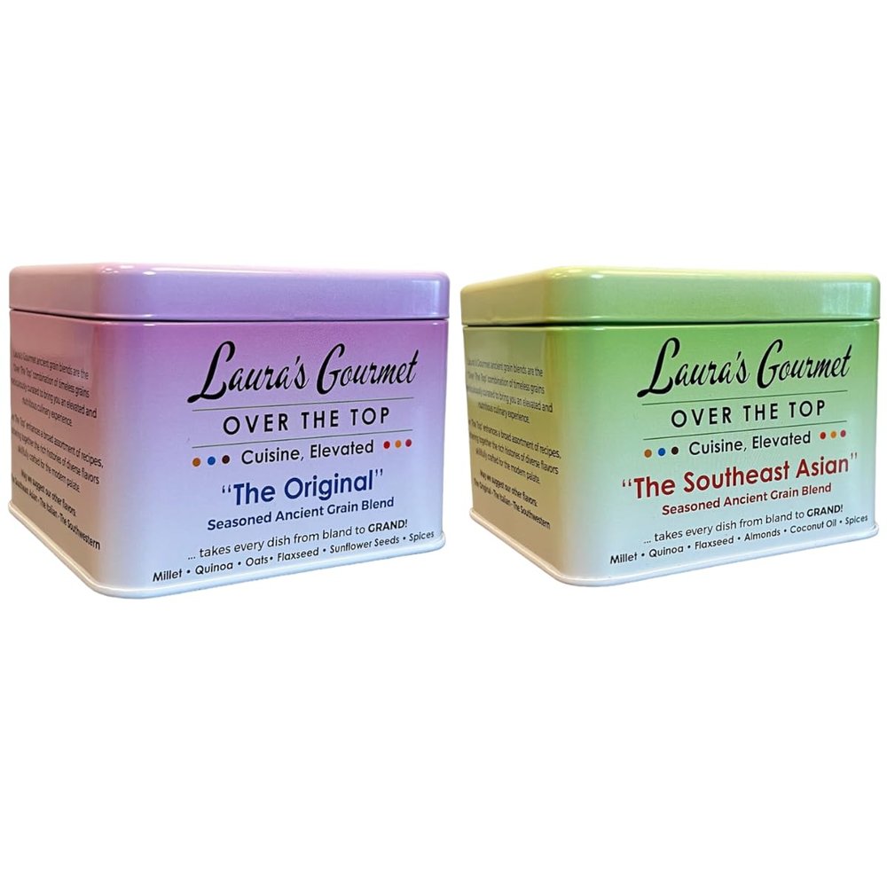 Lauras Gourmet, Over The Top Savory Seasoned Ancient Grain Blends, "The Original" and The Southeast Asian, Combo 10 oz. Tins, 2 Pack, All-Natural, Gluten-Free Topper for Salads, Soups, Yogurt, and Recipes