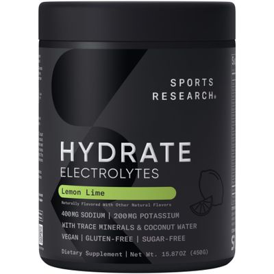 Sports Research Hydrate Electrolytes Powder - Sugar-Free & Naturally Flavored with Vitamins, Minerals, and Coconut Water - Supports Hydration - Lemon Lime - 90 Servings