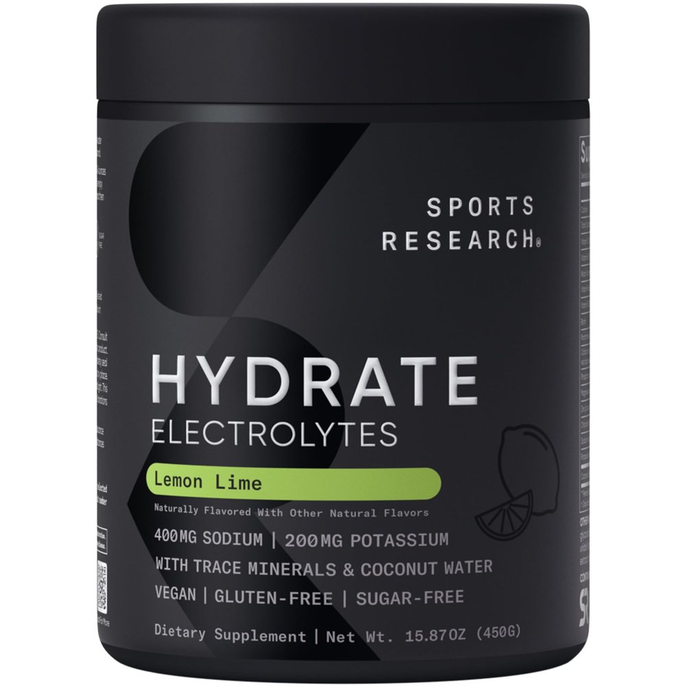 Sports Research Hydrate Electrolytes Powder - Sugar-Free & Naturally Flavored with Vitamins, Minerals, and Coconut Water - Supports Hydration - Lemon Lime - 90 Servings