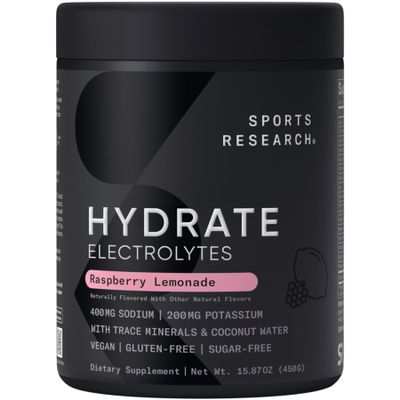 Sports Research Hydrate Electrolytes Powder - Sugar-Free & Naturally Flavored with Vitamins, Minerals, and Coconut Water - Supports Hydration - Raspberry Lemonade - 90 Servings