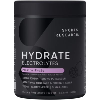 Sports Research Hydrate Electrolytes Powder - Sugar-Free & Naturally Flavored with Vitamins, Minerals, and Coconut Water - Supports Hydration - Passion Fruit - 90 Servings