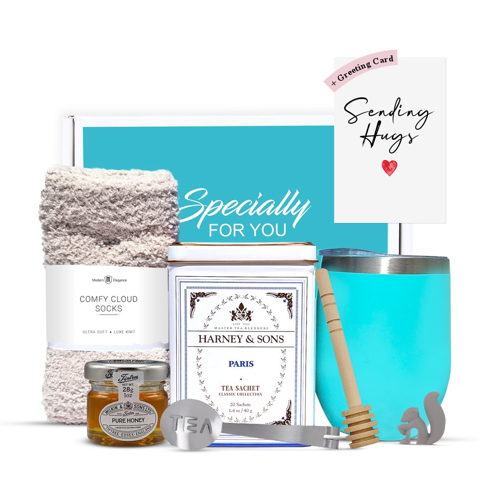 Tea Gift Set for Women  Thoughtful Get Well Gift Box with Cozy Socks, Stainless Tumbler, 20 Teaa Sachets, Honey Jar & Sending Hugs Card (Paris Tea - Cloud Socks)