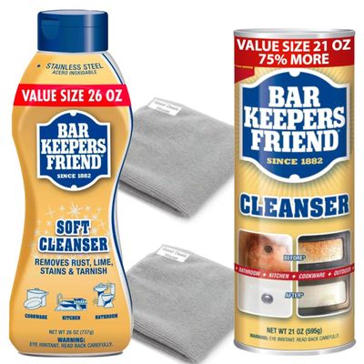 GoodDealsHouse Bundle: Bars Keeper`s Friends Soft Cleanser 26 OZ + Bars Keeper`s Friend Powder Cleanser 21 OZ, with 2 Microfiber Cleaning Cloths