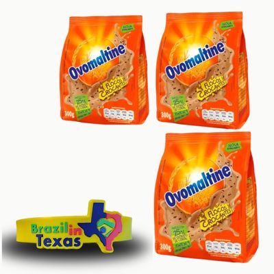 Flocos Crocantes de chocolate em p Ovomaltine Brasileiro | Pack of 3x300g | Brazilian Chocolate Powder + Silicone Bracelets Souvenir | Brazil in Texas Bundle
