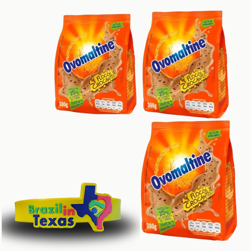 Flocos Crocantes de chocolate em p Ovomaltine Brasileiro | Pack of 3x300g | Brazilian Chocolate Powder + Silicone Bracelets Souvenir | Brazil in Texas Bundle
