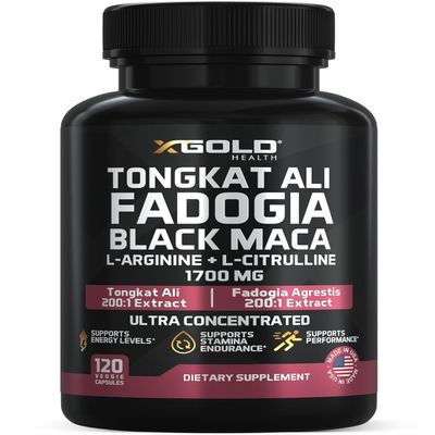 Tongkat Ali 200:1, Fadogia Agrestis 10:1, Black Maca 1700mg Complex, Nitric Oxide Booster, L Citrulline, L Arginine, Energy, Stamina, Strength, Men's Vitality, Non GMO, 120 Capsules