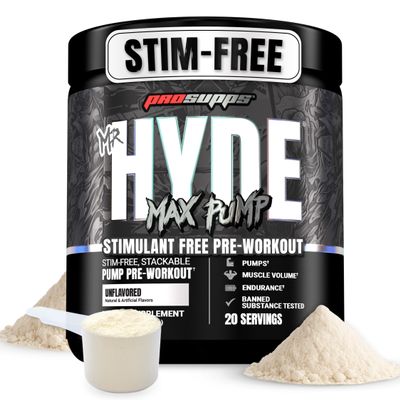 PROSUPPS Mr. Hyde Max Pump Pre Workout Powder - Stim-Free Preworkout Supports Blood Flow, Muscle Volume & Endurance - Caffeine-Free Nitric Oxide Gym & Fitness Supplements (Unflavored, 20 Servings)