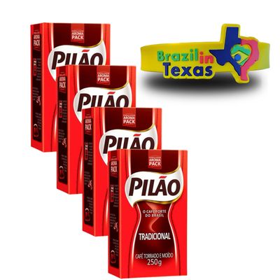 Pilo Brazilian Ground Coffee | Medium Roast Coffee 250g | Pack of 4x250g | Caf Brasileiro Tradicional Torrado e Modo Pilo + Silicone Bracelets Souvenir | Brazil in Texas Bundle