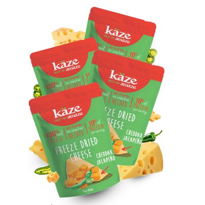 Kaze Freeze-Dried Cheese Puffs & Cheese Balls  High Protein, Gluten-Free, Keto-Friendly Snacks  Convenient, Crunchy, Low Carb, Delicious  Perfect On-the-Go Snack (Pack of 04, Cheddar Jalapeno Flavour)