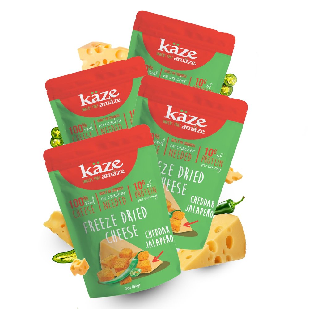 Kaze Freeze-Dried Cheese Puffs & Cheese Balls  High Protein, Gluten-Free, Keto-Friendly Snacks  Convenient, Crunchy, Low Carb, Delicious  Perfect On-the-Go Snack (Pack of 04, Cheddar Jalapeno Flavour)