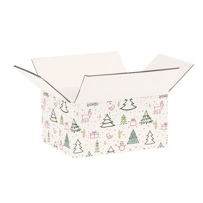 Ucanpack 1/8" Inch Thick Christmas Boxes 9x7x5", Made In USA, 100 Pack Small Cardboard Gift Carton, White X-Mas Forest Theme Holiday Gift Shipping Boxes, Cute Printed Moving Box
