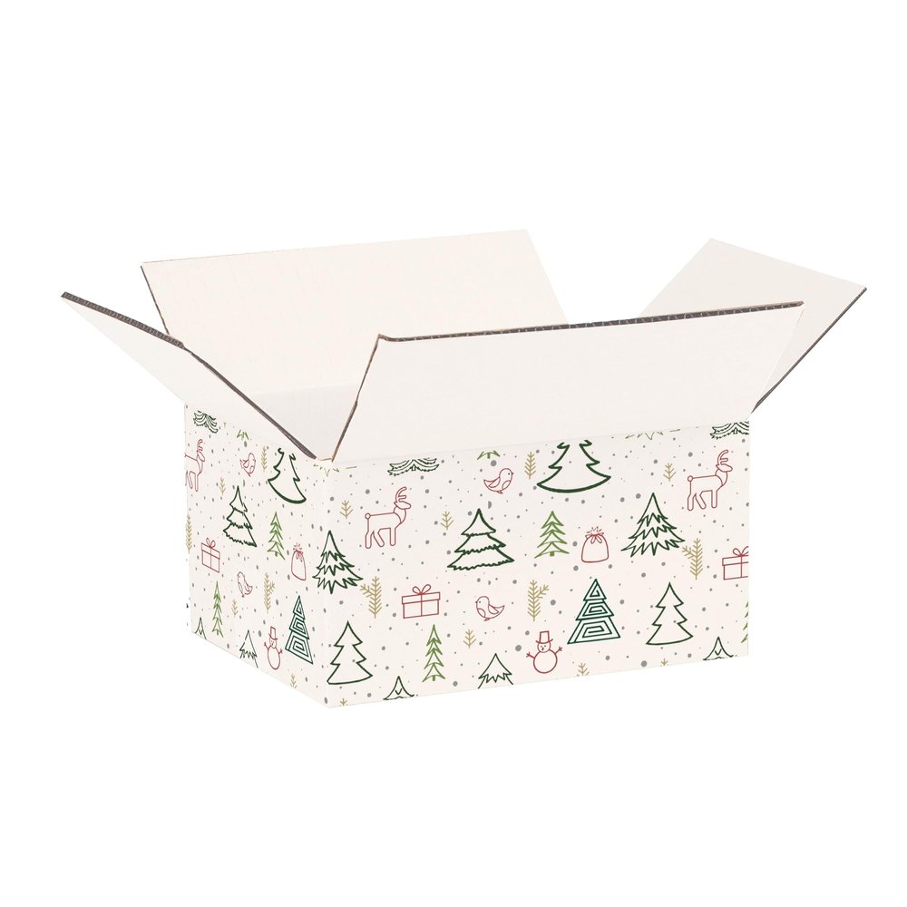 Ucanpack 1/8" Inch Thick Christmas Boxes 9x7x5", Made In USA, 100 Pack Small Cardboard Gift Carton, White X-Mas Forest Theme Holiday Gift Shipping Boxes, Cute Printed Moving Box