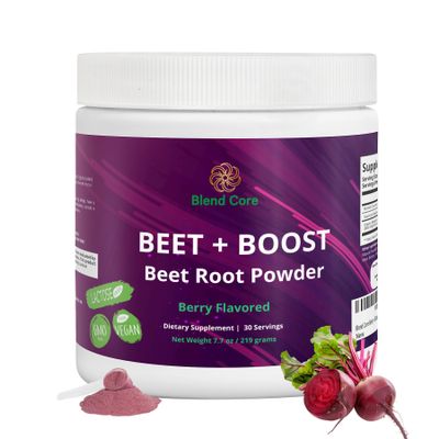Blend Core Beet + Boost Organic Beet Root Powder - Berry Flavored Beetroot Powder with Acai, Stevia, Vitamin C, Micro Ingredients Beet Juice Powder, Pre Workout for Athletics, Vegan, Non-GMO