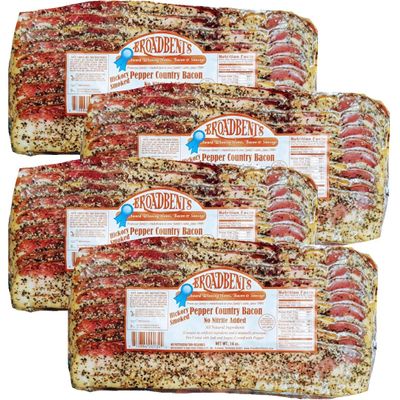 Broadbent's Hickory Smoked Peppered Country Bacon, No Nitrite Added, 14oz, 4 Pack