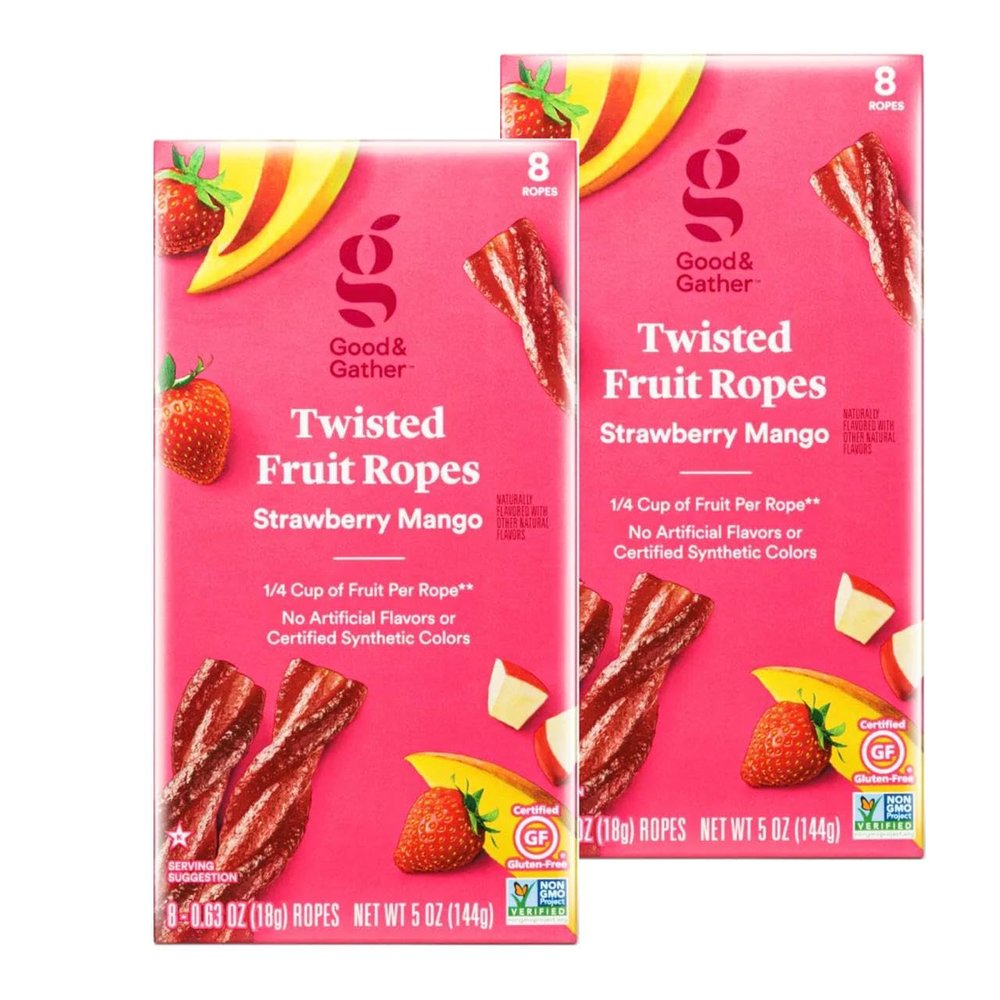 Good and Gather Twisted Fruit Ropes Strawberry Mango Flavor Snack - 16 count - Gluten free, Non-GMO, No Artificial flavors and Certified Synthetic Colors - Pack of 2 Boxes (8 ropes each)