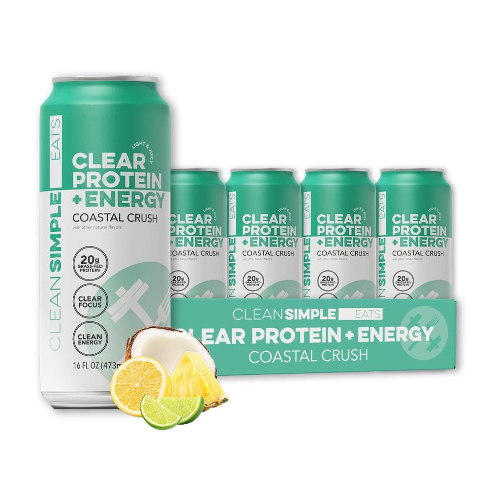 Clean Simple Eats Clear Protein + Energy Drink, 20G Grass Fed Whey Protein Isolate, 100MG Natural Caffeine, L Theanine & Cognatiq, No Artificial Ingredients, Coastal Crush Flavor, 16 Oz Cans, 12 Pack