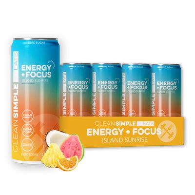 Clean Simple Eats Energy + Focus Drink, Energy Drink With 100 Mg Organic Caffeine, L Theanine, B Vitamins & Prebiotic Fiber, Naturally Sweetened, Zero Sugar, Island Sunrise Flavor, 12 Oz Cans, 12 Pack
