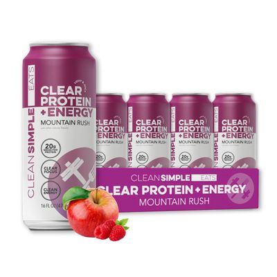 Clean Simple Eats Clear Protein + Energy Drink, 20G Grass Fed Whey Protein Isolate, 100MG Natural Caffeine, L Theanine & Cognatiq, No Artificial Ingredients, Mountain Rush Flavor, 16 Oz Cans, 12 Pack