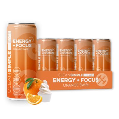 Clean Simple Eats Energy + Focus Drink, Energy Drink With 100 Mg Organic Caffeine, L Theanine, B Vitamins & Prebiotic Fiber, Naturally Sweetened, Zero Sugar, Orange Swirl Flavor, 12 Oz Cans, 12 Pack