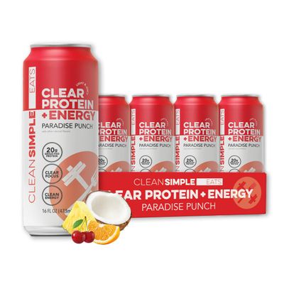 Clean Simple Eats Clear Protein + Energy Drink, 20G Grass Fed Whey Protein Isolate, 100MG Natural Caffeine, L Theanine & Cognatiq, No Artificial Ingredients, Paradise Punch Flavor, 16 Oz Cans, 12 Pack