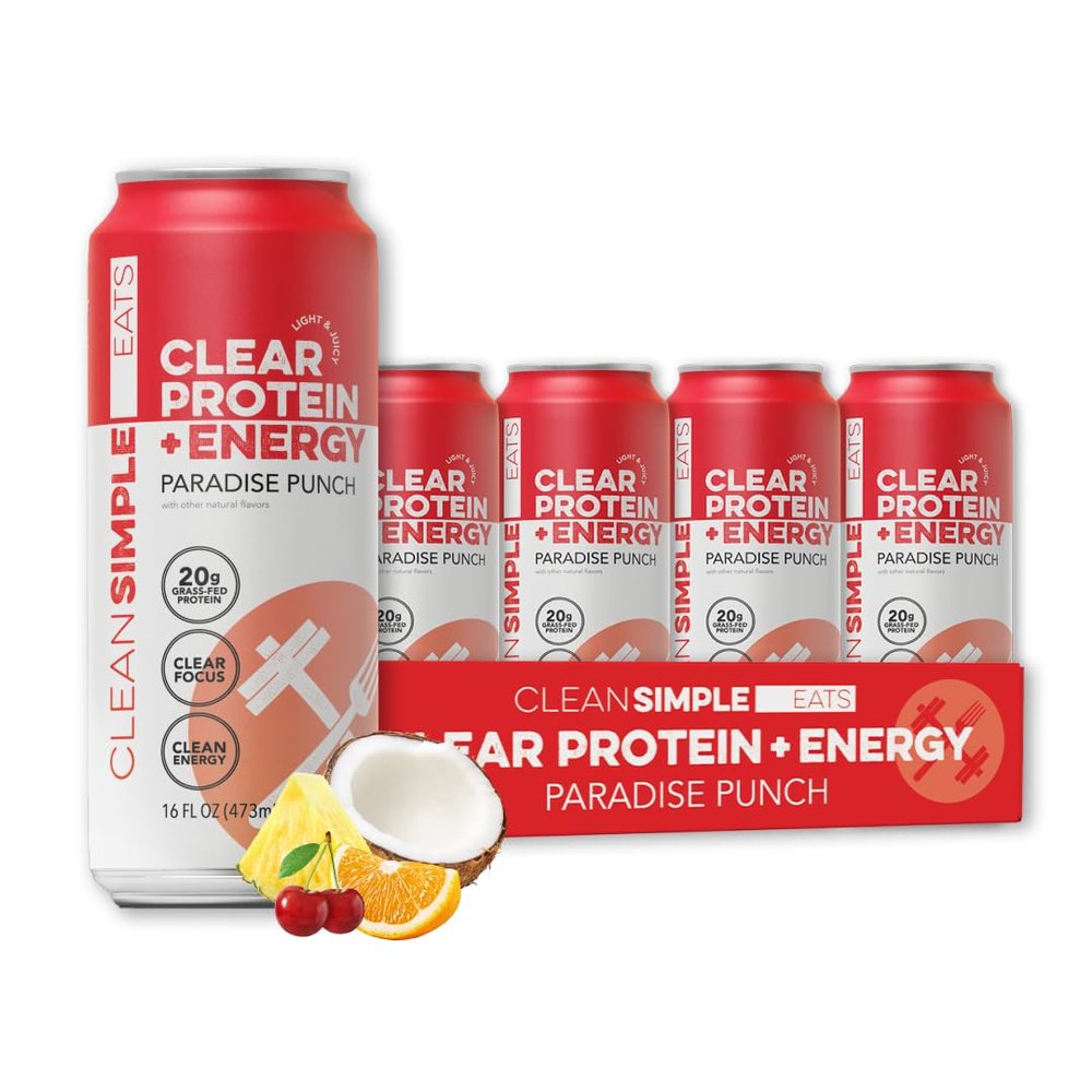 Clean Simple Eats Clear Protein + Energy Drink, 20G Grass Fed Whey Protein Isolate, 100MG Natural Caffeine, L Theanine & Cognatiq, No Artificial Ingredients, Paradise Punch Flavor, 16 Oz Cans, 12 Pack