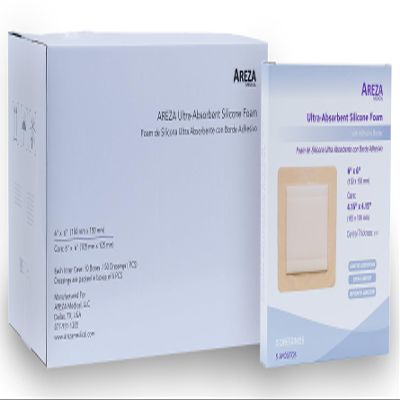 Areza Medical - Silicone Foam with Super-Absorbent Layer - Wound Dressing - Waterproof - with Silicone Adhesive Border - Sterile - 6" x 6" - 5 PCS per Box - 10 Boxes (Total of 50 PCS)