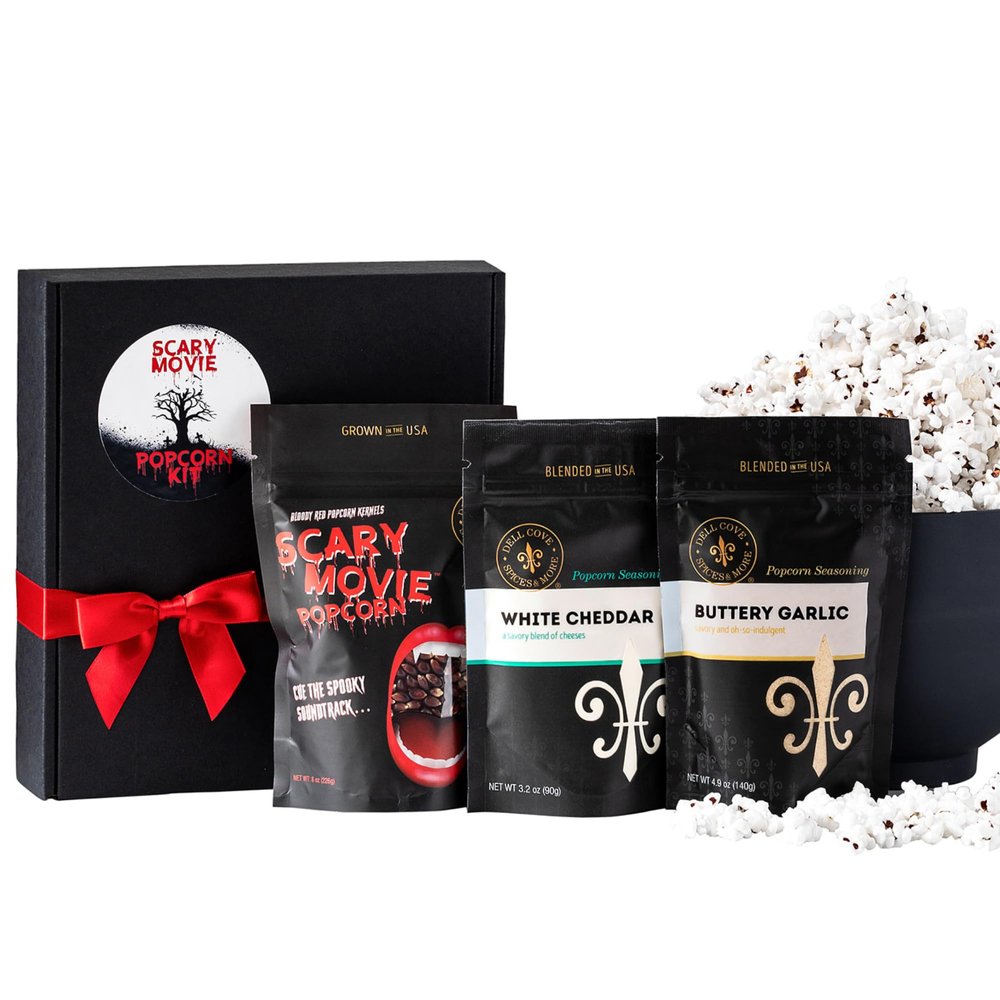Dell Cove Spices | Scary Movie Vampire Popcorn Gift Kit | Bloody Red Kernels + Pick Two Seasoning Flavors + Popper
